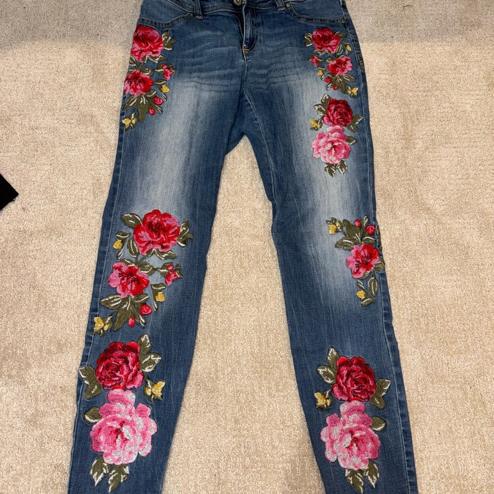 Red and Blue Skinny Jeans with Floral Embroidery